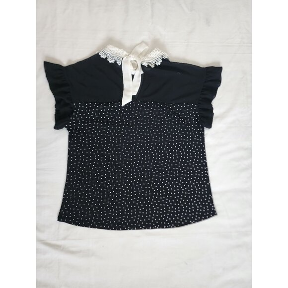 Faith And Joy Women's Black Polka Dot Eyelet Lace Collar Blouse Size Medium - Picture 11 of 12